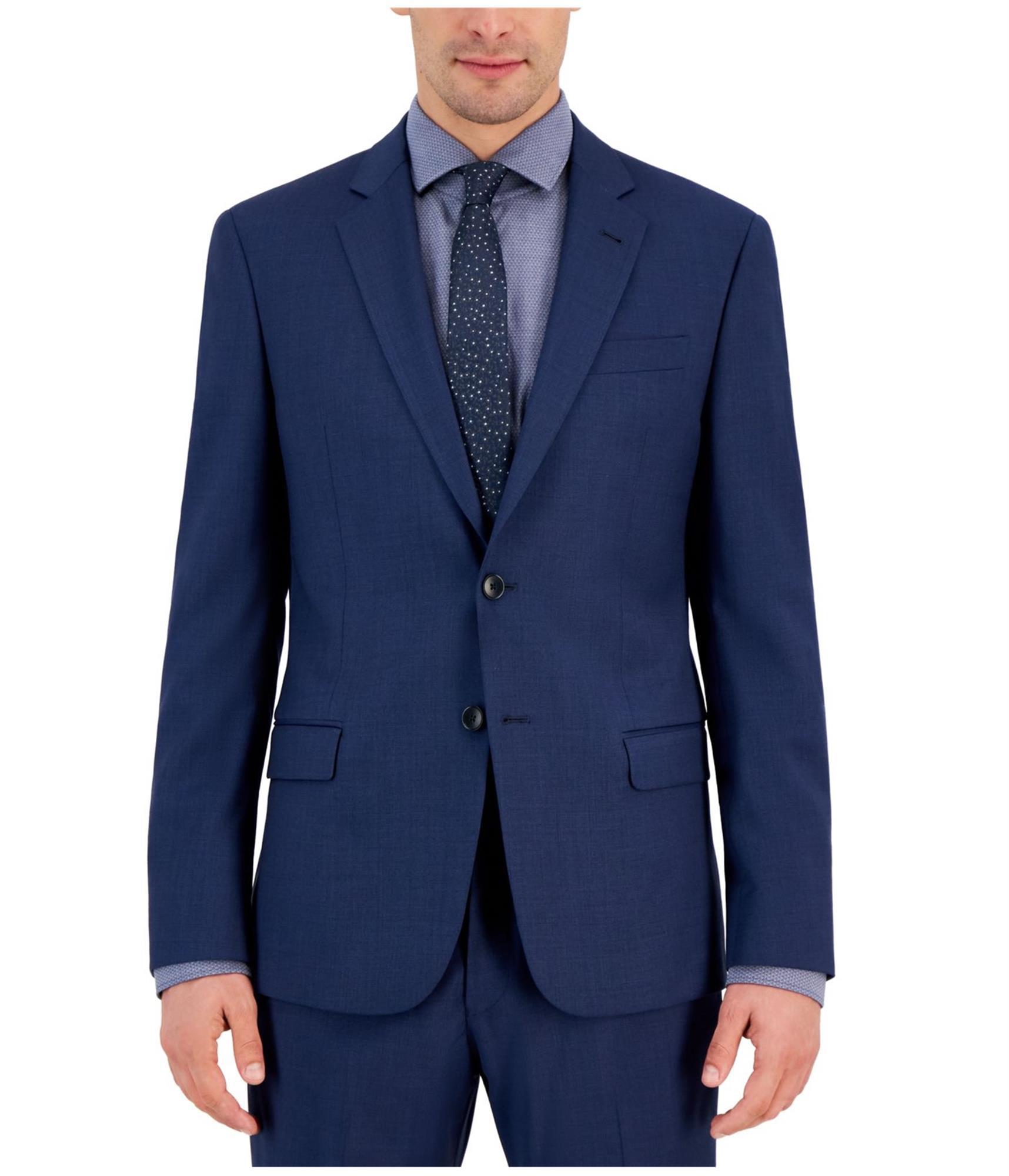 Мужской однотонный приталенный пиджак-блейзер на двух пуговицах от Armani синий обычный размер 38 31990₽