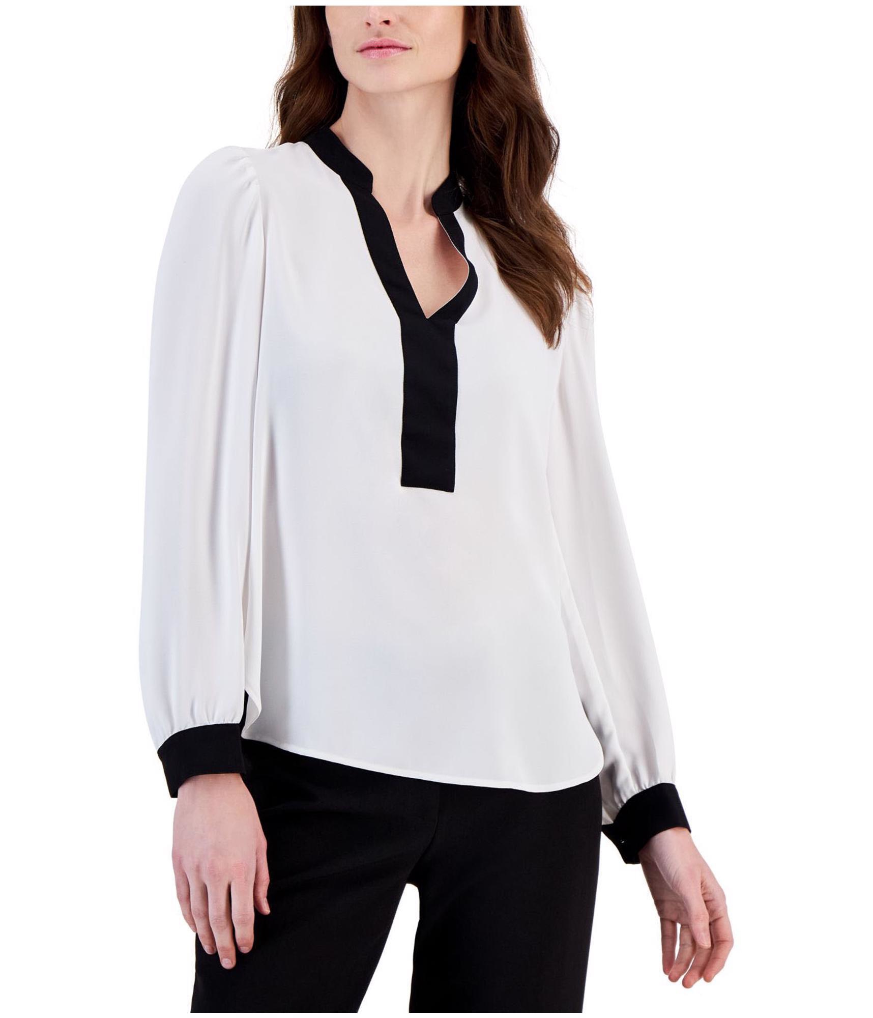 Anne Klein Womens Contrast Trim Pullover Blouse, White, Large