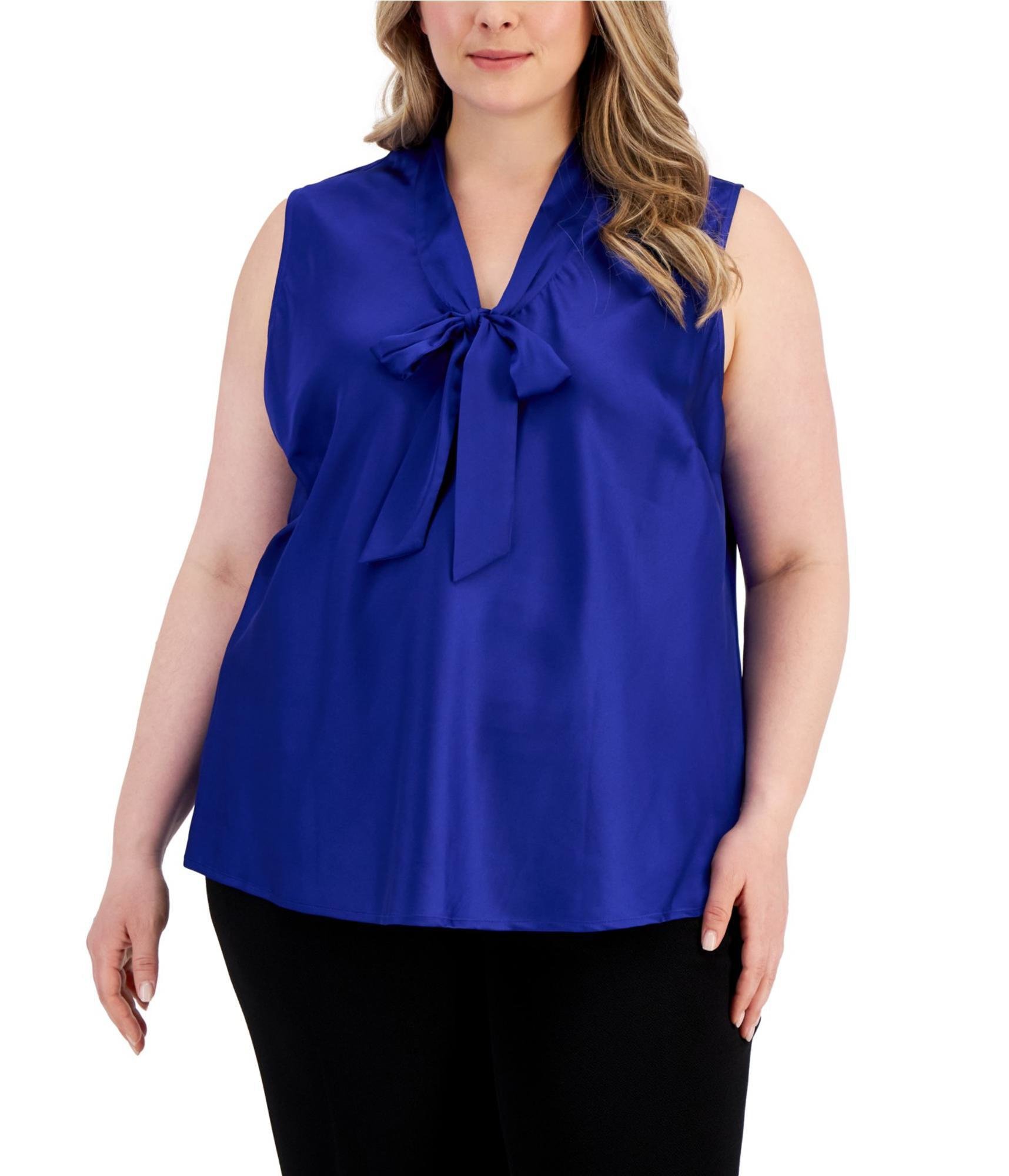 Kasper Womens Tie Neck Satin Sleeveless Pullover Blouse, Blue, Plus Size, 3X