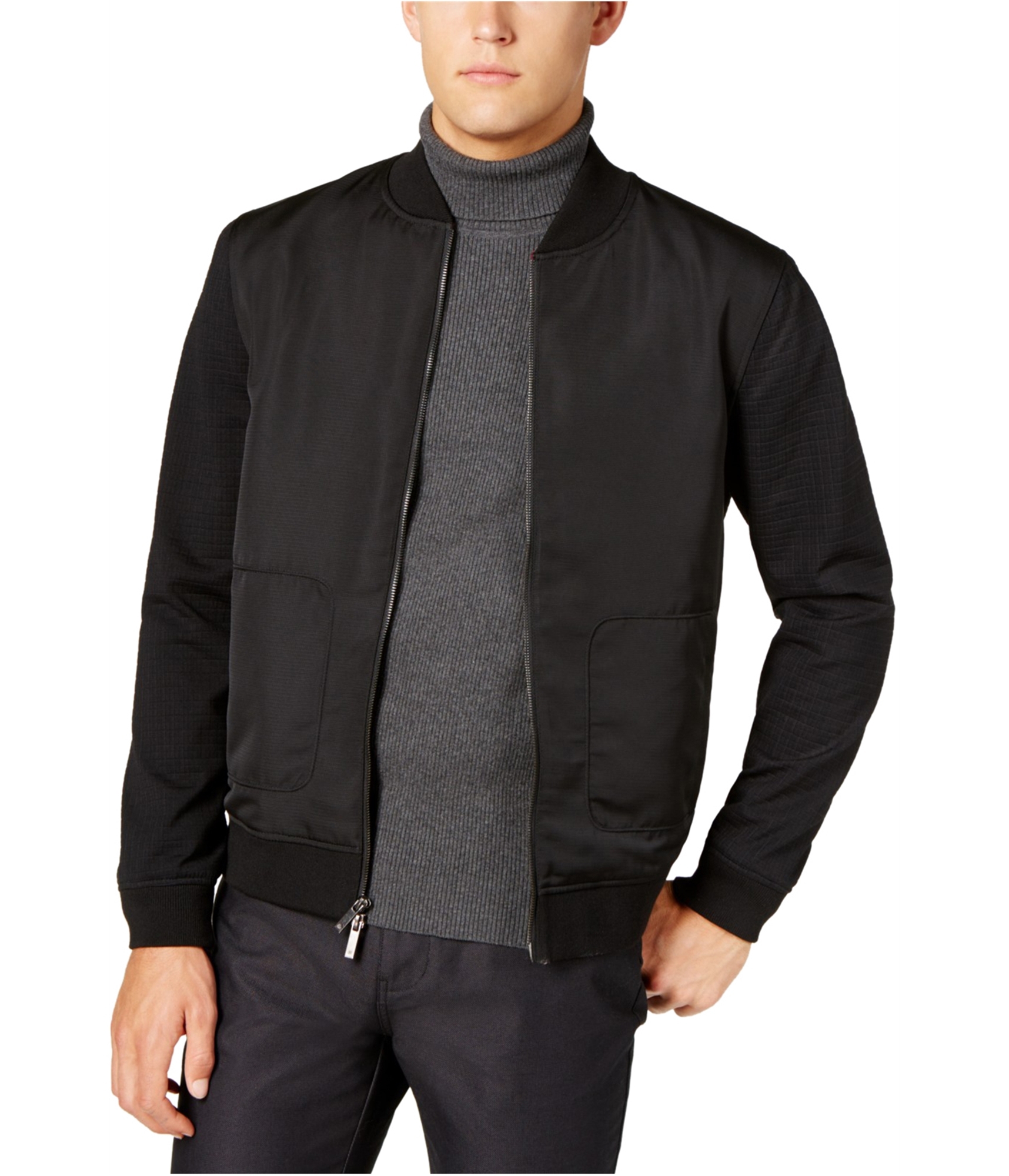 Ryan Seacrest Mens Mixed-Media Bomber Jacket, black, XL