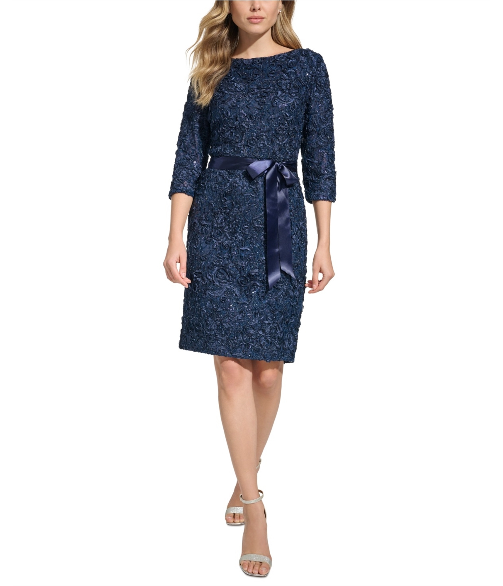 Jessica Howard Womens Belted Sheath Dress, navy, Petite, 12P