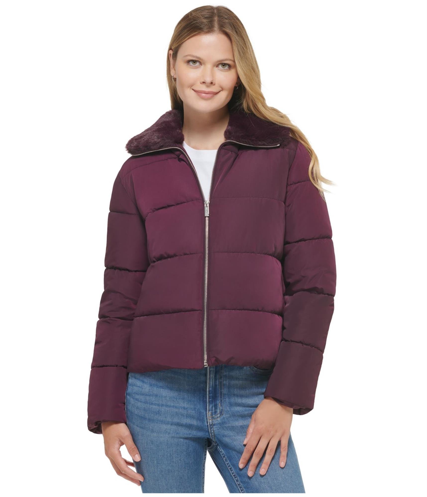 Calvin Klein Womens Faux Fur Collar Puffer Jacket