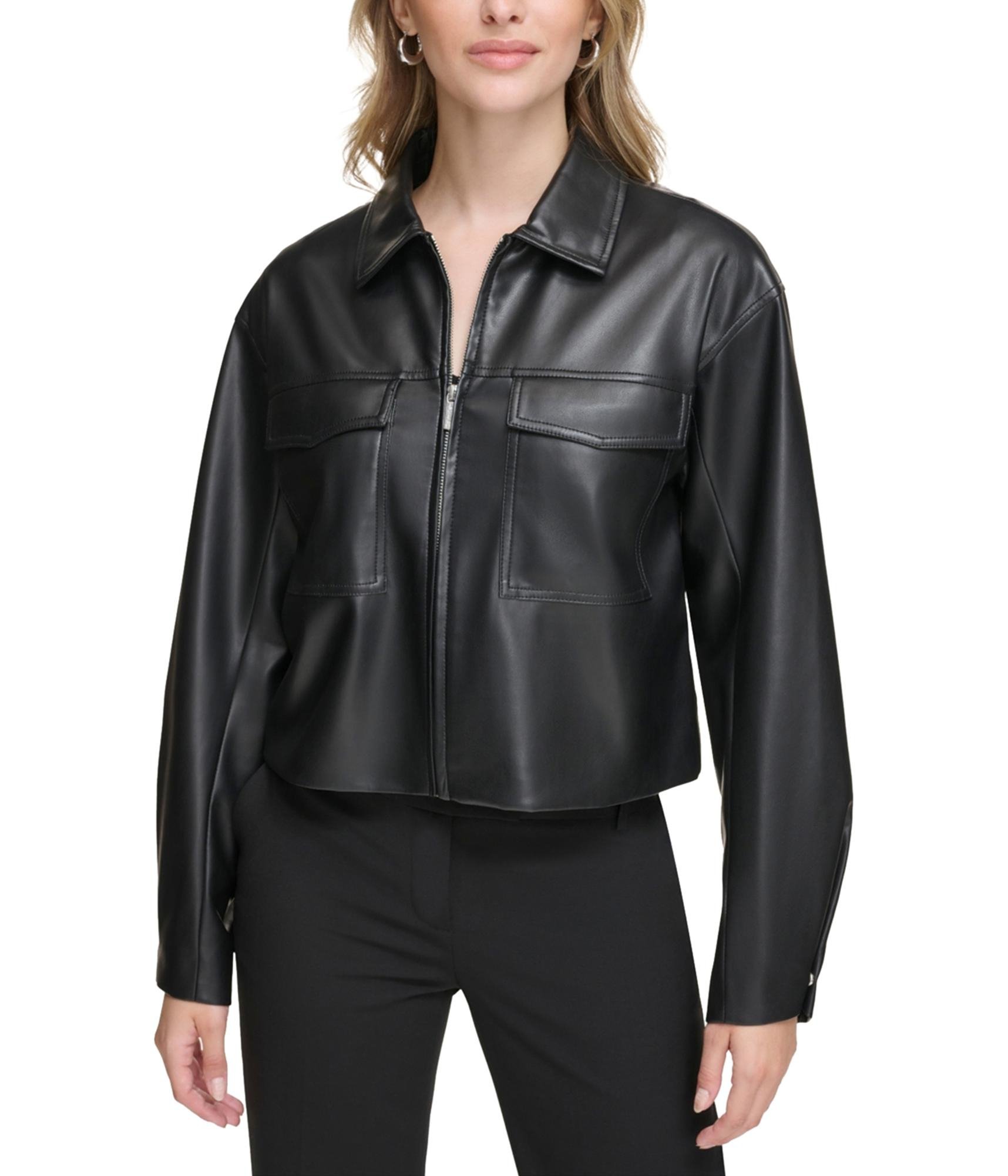 Calvin Klein Womens Faux Leather Short Motorcycle Jacket