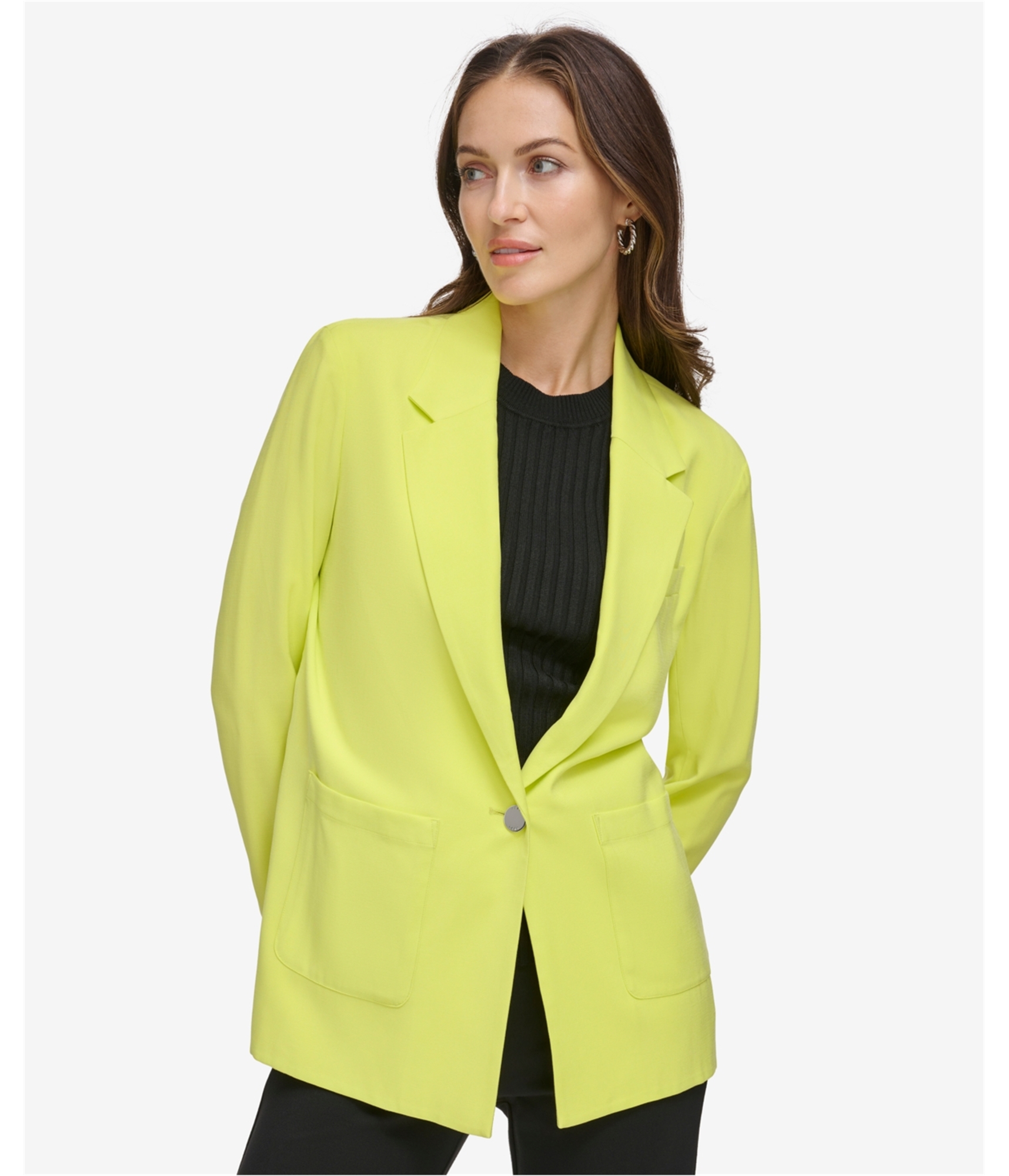 DKNY Womens Patch Pocket One Button Blazer Jacket, Yellow, Medium