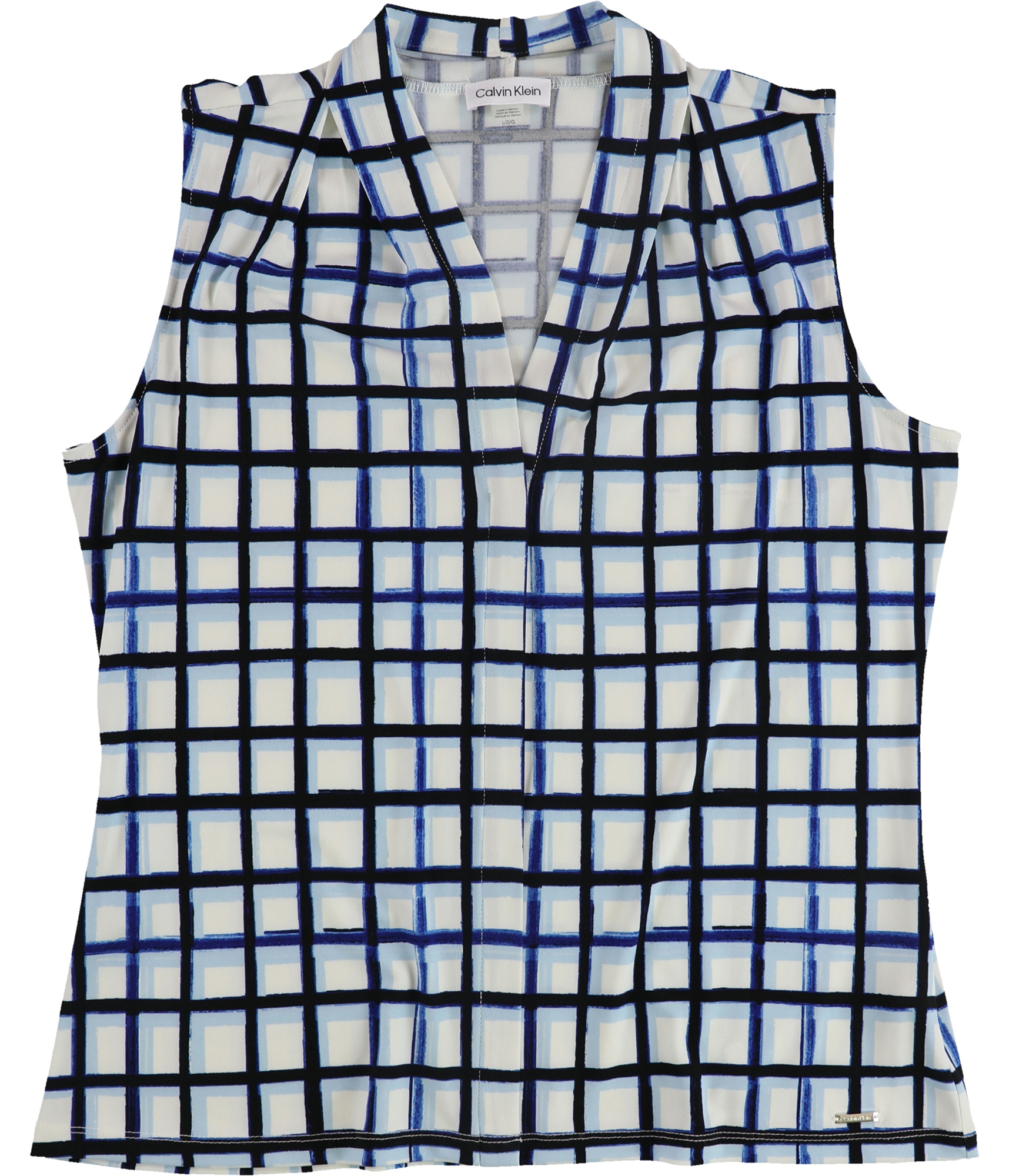 Calvin Klein Womens Box Print Sleeveless Blouse Top, Blue, Large