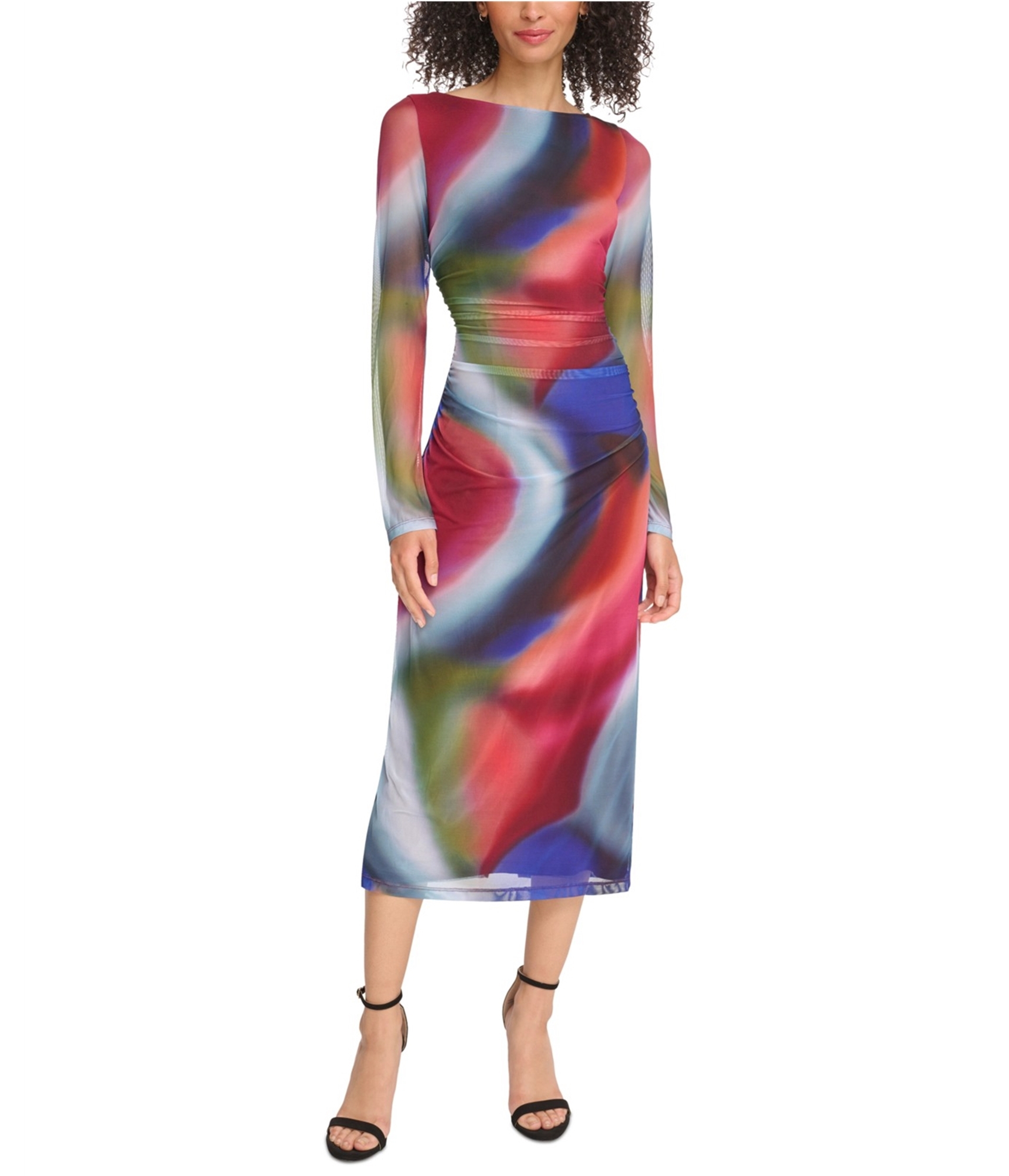 Vince Camuto Womens Printed Mesh Ruched Bodycon Dress, Multicoloured, 10