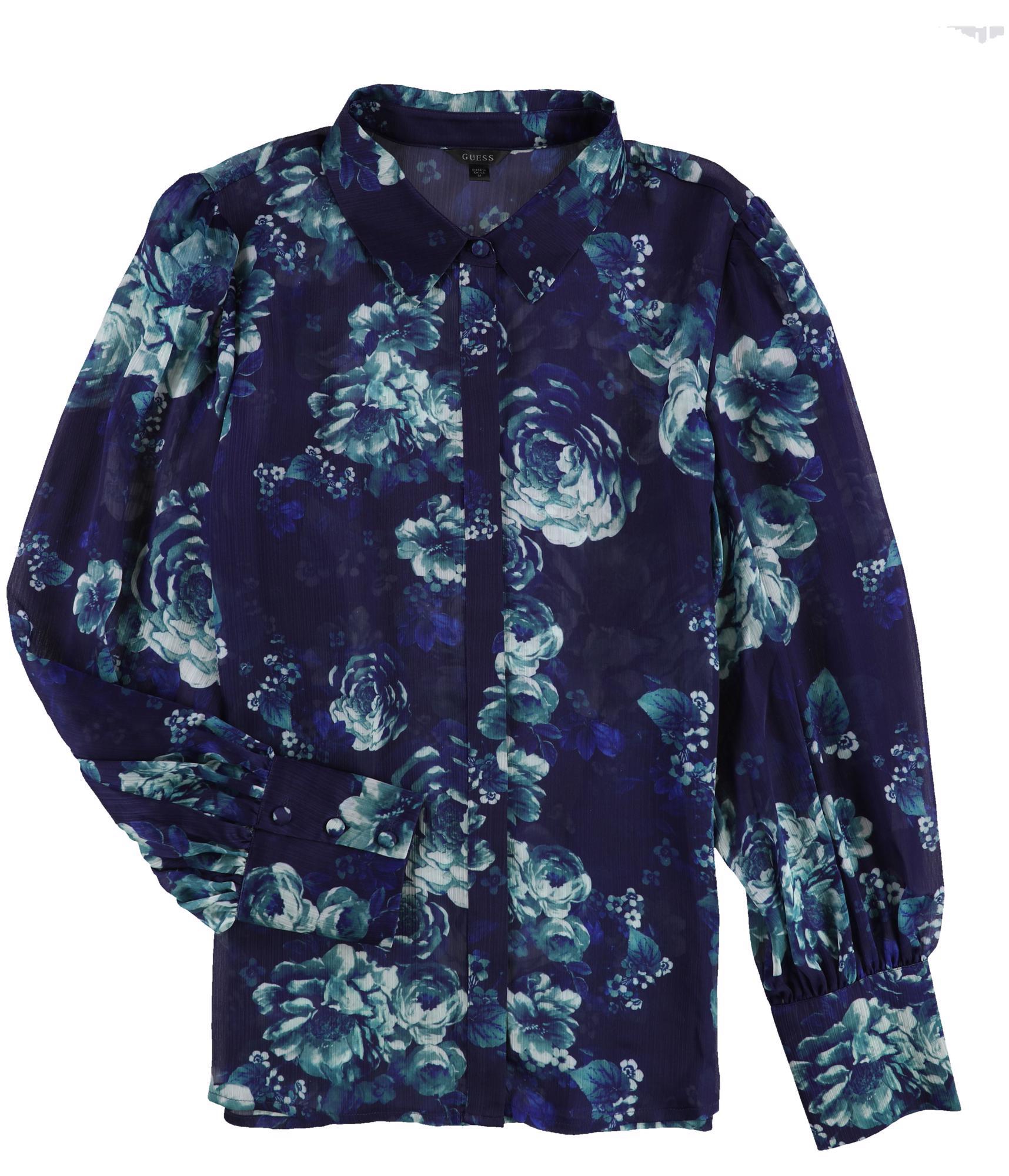 GUESS Womens Floral Print Button Down Blouse, Blue, Medium