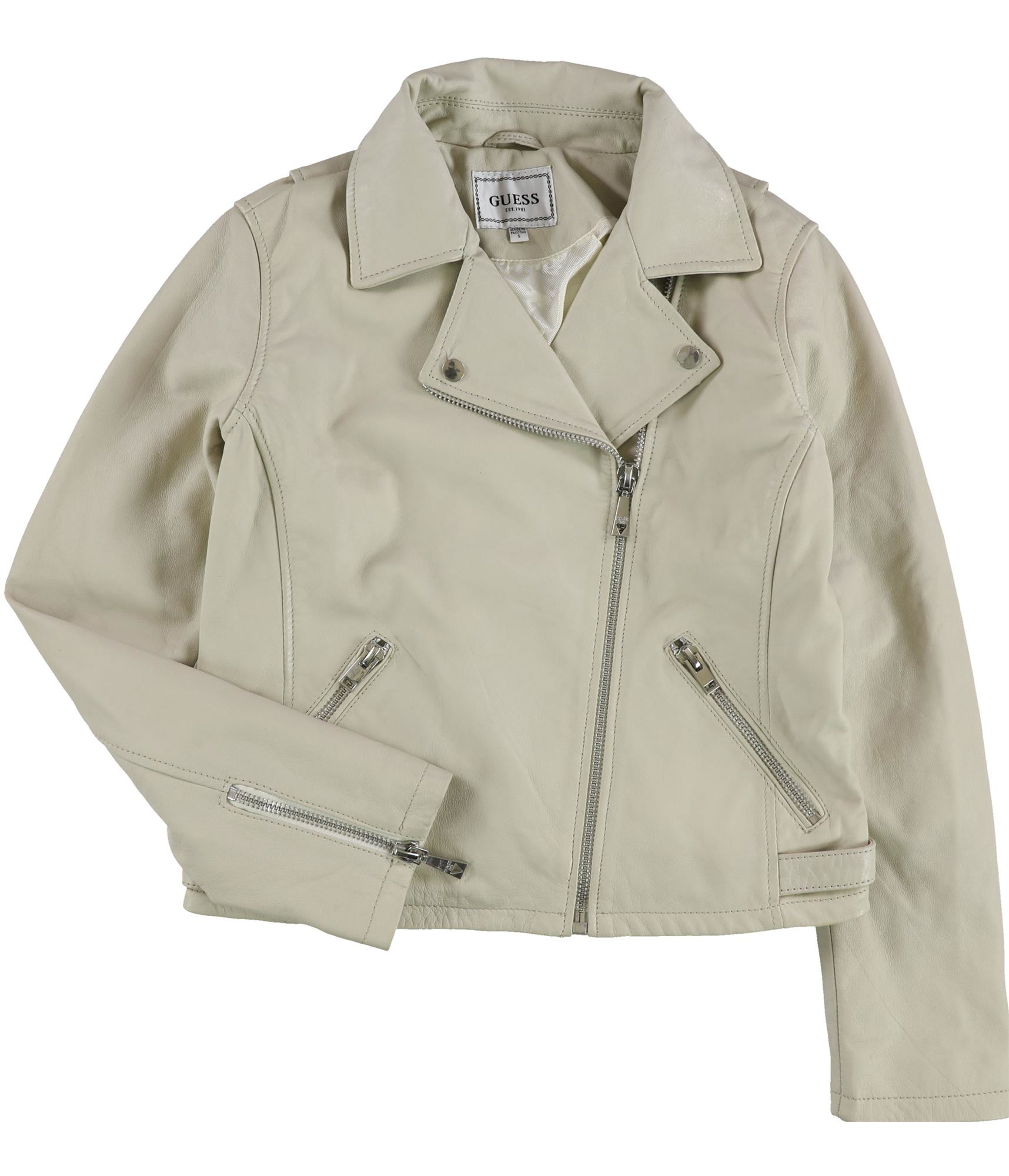 GUESS Womens Leather Biker Jacket, White, Small