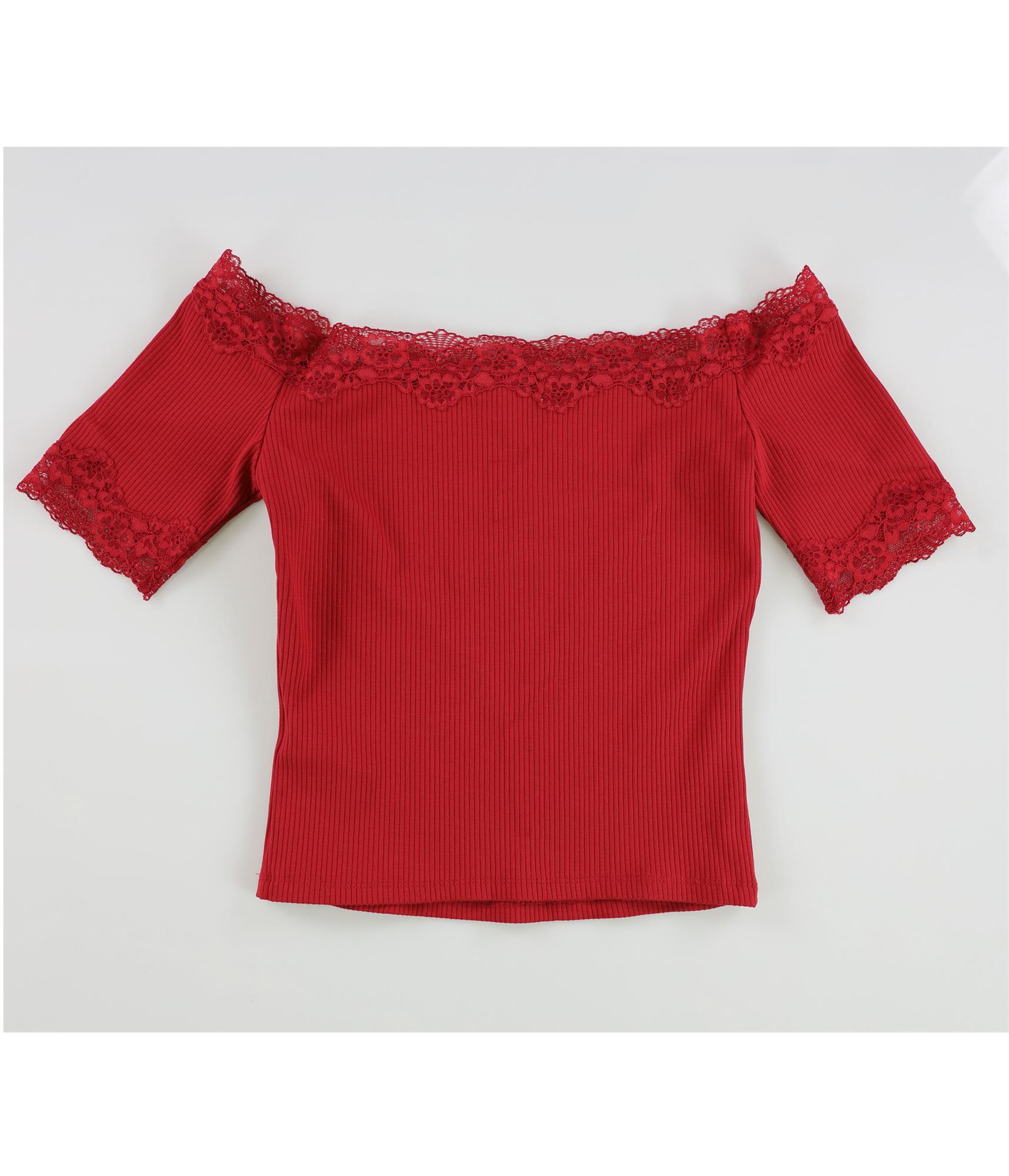 GUESS Womens Mei Lace Trim Off the Shoulder Blouse, Red, X-Small - Imagen 2 de 2