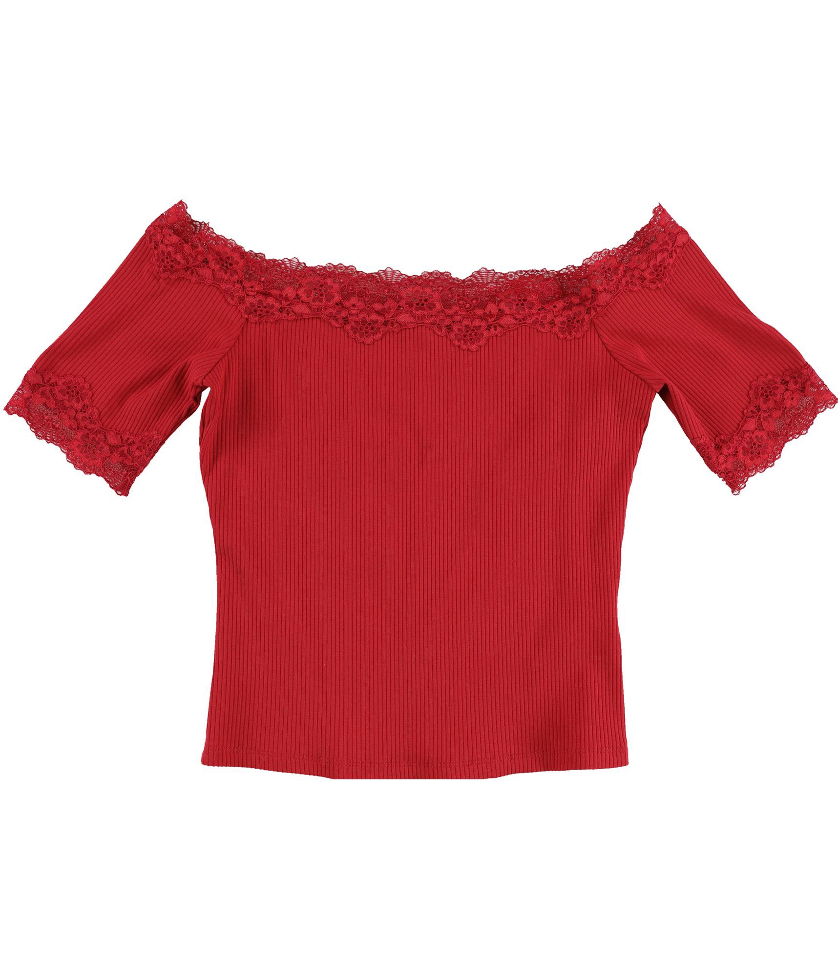 GUESS Womens Mei Lace Trim Off the Shoulder Blouse, Red, X-Small