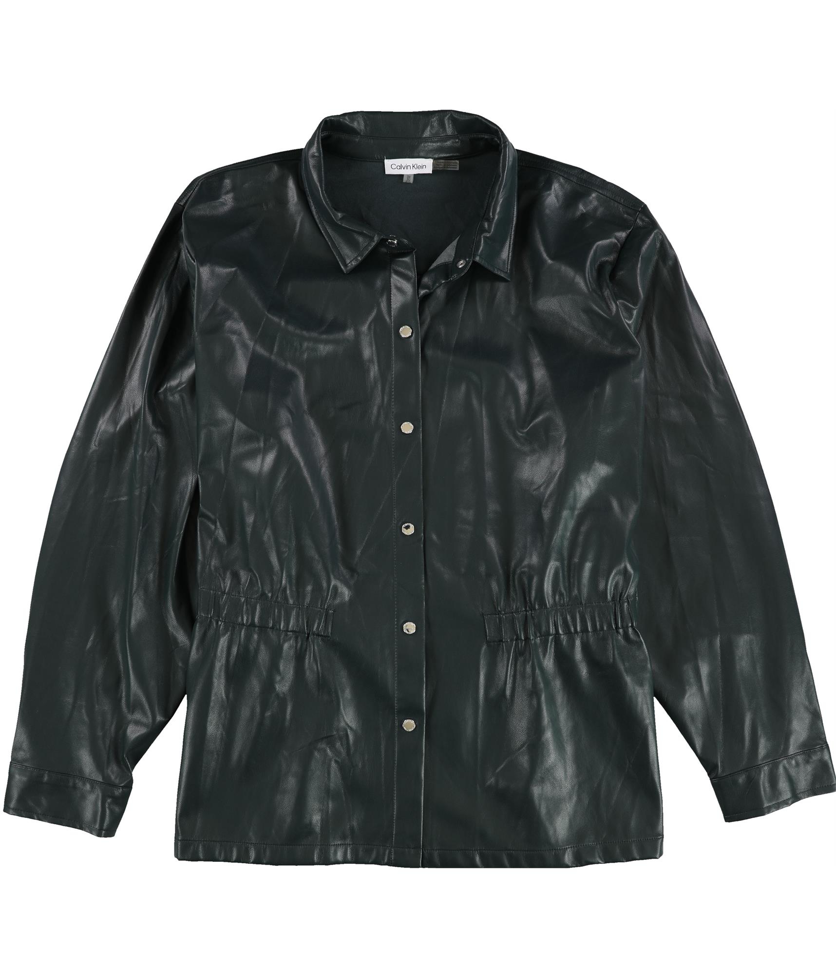 Calvin Klein Womens Faux Leather Elasticized Waist Motorcycle Jacket