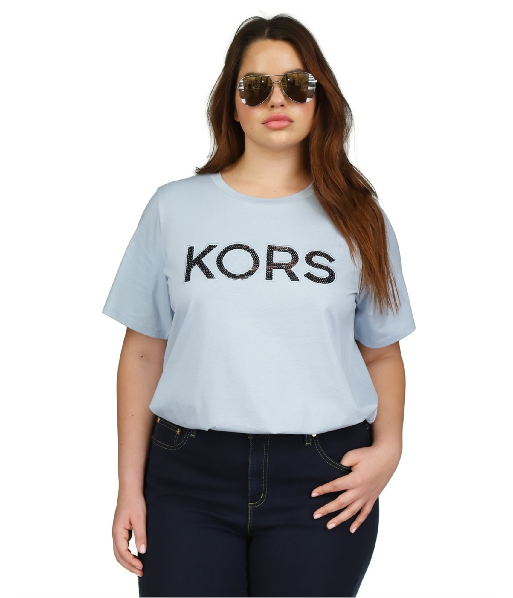 Michael Kors Womens Logo Basic T-Shirt, Blue, Plus Size, 3X